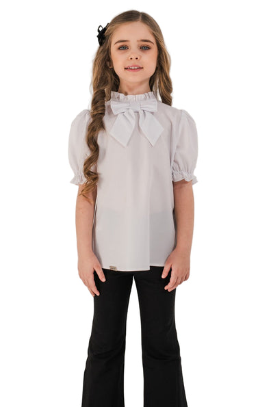JULIA - Bluza eleganta din material fin cu maneca scurta, guler si funda chic, alb